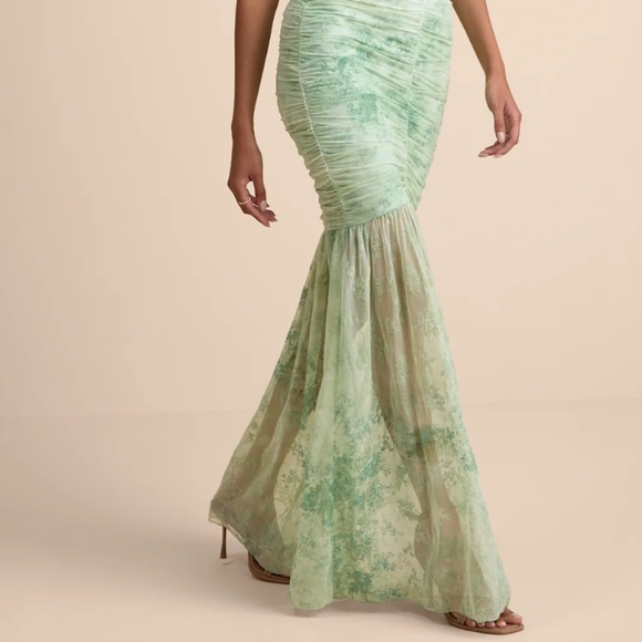 Lulus Jamie Mint Green Floral Mesh Sheer Hem Maxi Dress - Size S - Picture 3 of 4